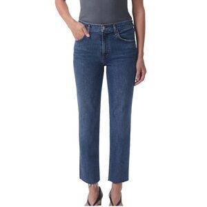 Agolde Kye Blue Straight Leg Jeans High-Rise Raw Hem. Organic, Classic Everyday.